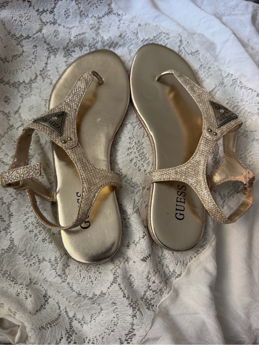 GUESS Metallic Gold T-Strap Rhinestone Sandals - Picture 3 of 5